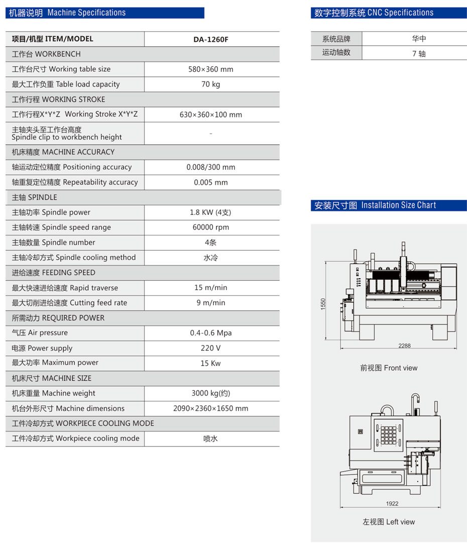 DA-1260F四頭機械手精雕機參數