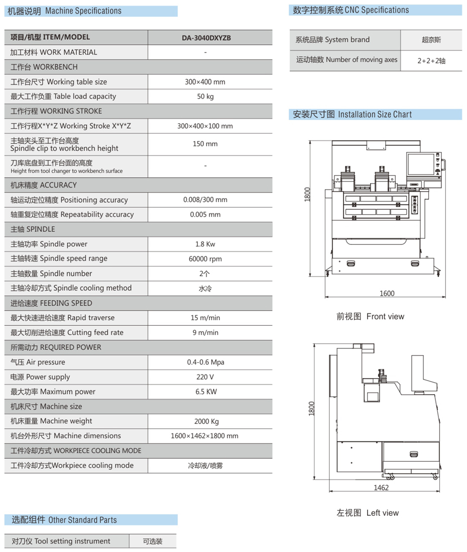 DA-3040DXYZB軸半罩精雕機參數