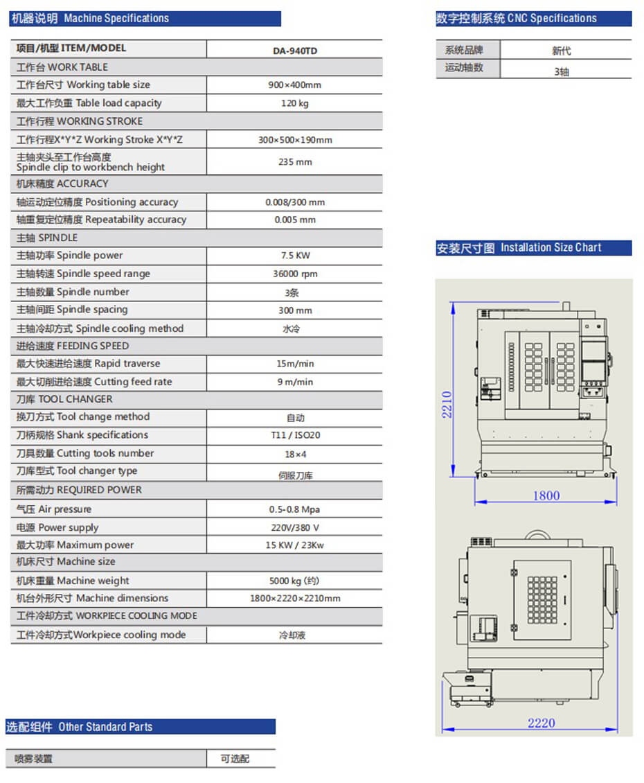 DA-940TD三頭刀庫精雕機規格參數